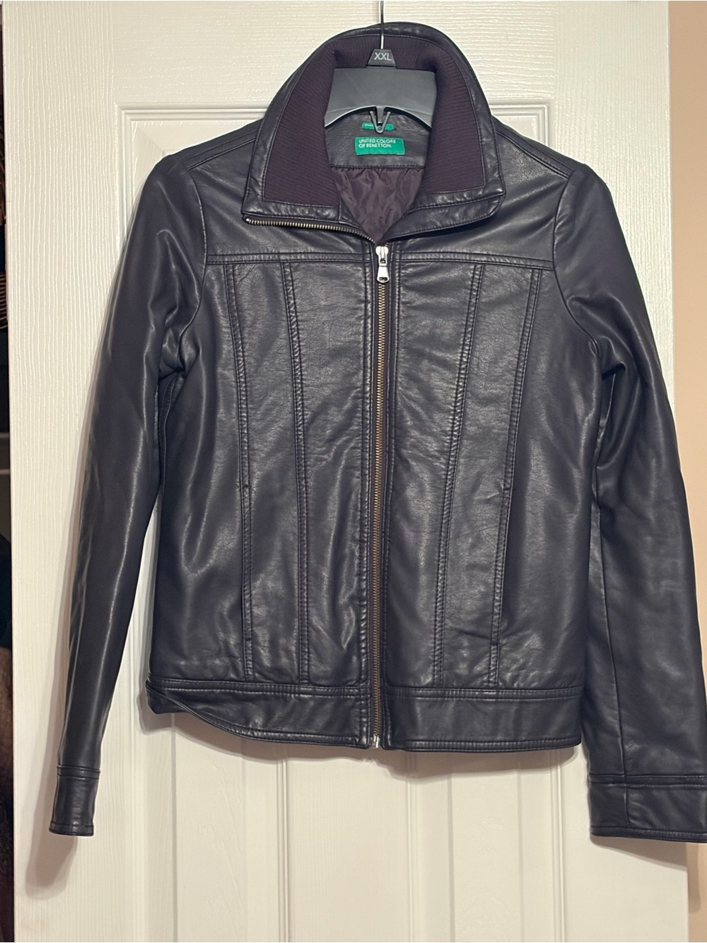 United Colors Of Benetton Women's Black Faux Leather Bomber Jacket